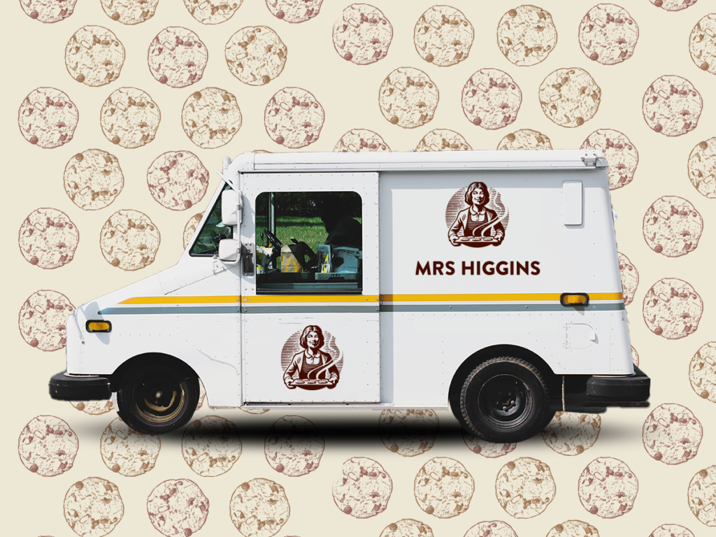 Animated Mrs Higgins truck with cookie background used in all 3 placements