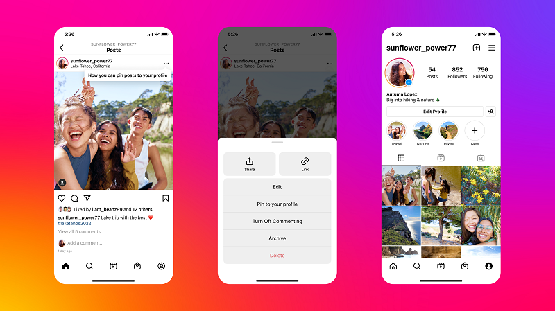 Instagram app mockups showing how to create Pinned Posts for social media marketing | Mosh Social Media